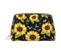Sunflower Bees Print Small Makeup Bag, Cosmetic Pouch with Wide Zipper, Travel Makeup Organizer for Women