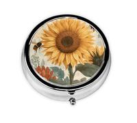 Sunflower Bees Small Pill Box 3 Compartment Portable Pill Box for Purse Pocket Vintage Mini Medicine Organiser for Daily Vitamin Fish Oil Storage