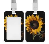 Sunflower Black Background Badge Holder Hard Plastic Card Case Protector Pouch Name Key Card Holder Case for Office ID Credit Cards and Proximity Key Cards