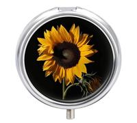 Sunflower Black Background Pill Box Round Portable Small Pill Case Waterproof Travel Pill Box Organizer for Pocket Purse and Daily Convenience