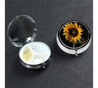 Sunflower Black Background Pill Box with Mirror 3 Compartment Decorative Pill Case for Purse or Pocket Small Round Pill Organizer Weekly Metal Medicine Tablet Vitamin Holder Travel Gift