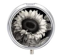 Sunflower Black Grey Pill Organizer 3 Compartments, Round Small Pill Box for Purse & Pocket, Portable Daily Medicine Box to Hold Vitamins, Supplements, Pills, Fish Oil
