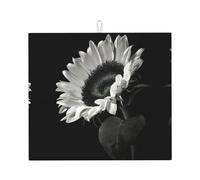 Sunflower Black Grey Printing Kitchen Drying Mat,Absorbent Non Slip Mat for Countertops for Tables,Fits Dishware Knives Cup
