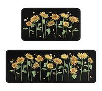 Sunflower Black Kitchen Rugs and Mats Set of 2 , Spring Summer Kitchen Mat Non Slip Absorbent Mat for Sink Waterproof Runner Rug for Laundry room17 x30+ 17"x48"