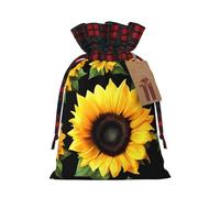 Sunflower Blooming Flowers Plants Black And Yellow Color Blocked Linen Drawstring Gift Bag, Reusable Gift Bag