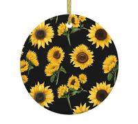Sunflower Blooming Flowers Plants Black And Yellow Print Christmas Ornaments Couple Gifts For Him Her Christmas Tree Decoration Ceramic Hanging Ornament Anniversary