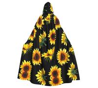 Sunflower Blooming Flowers Plants Black And Yellow Print Elegant Witch Cape,Hooded Cloak,Wizard Costume For Halloween,Cosplay And Carnival