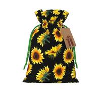 Sunflower Blooming Flowers Plants Black And Yellow Print Festive Christmas Bag Drawstring Gift Reusable Sack For Holiday Presents Xmas
