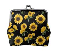 Sunflower Blooming Flowers Plants Black and Yellow Print Print Coin Purse for Men Women Leather Kiss Lock Small Pouch Coin Wallet