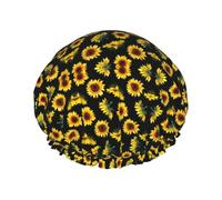 Sunflower Blooming Flowers Plants Black and Yellow Printed Shower Cap, Double Layer Hair Cover For Bathing, Reusable Headgear For Long Hair