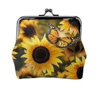 Sunflower Blooming Flowers Plants Butterfly Printed Coin Purse for Women Cute PU Leather Coin Wallet Mini Coin Purse Pouch with Kiss-Lock