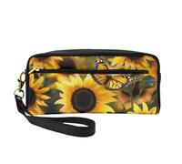 Sunflower Blooming Flowers Plants Butterfly Printed Leather Makeup Bags with Wrist Strap Portable Travel Toiletry Bag Cosmetic Organizer Bag for Women