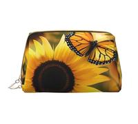 Sunflower Blooming Flowers Plants Butterfly Printed Makeup Bag for Women Portable Leather Make up Bag Travel Zipper Cosmetic Bags Organizer