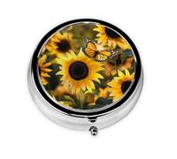 Sunflower Blooming Flowers Plants Butterfly Printed Round Pill Organizer with 3 Compartments, Portable Mini Pill Box Pill Case for Medicine, Vitamin, Fish Oil, Supplements
