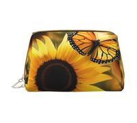 Sunflower Blooming Flowers Plants Butterfly Printed Small Makeup Bag Portable Leather Make up Bag Travel Zipper Cosmetic Bags Organizer for Women