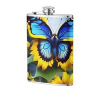 Sunflower Blue Butterfly 8oz Leather Hip Flask - Stainless Steel Whiskey Flask for Drinks, Pocket Liquor Set for Men Wedding Groomsman