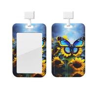 Sunflower Blue Butterfly ABS ID Badge Holder with Lanyard, Slide Cover Waterproof Anti-Fouling, Durable for Work - Events
