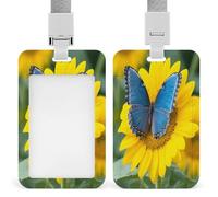 Sunflower Blue Butterfly Badge Holders with Push-Pull Slot&Lanyard Waterproof Plastic Vertical Work ID Card Holder Portable Travel Document Protector Detachable Card Protector