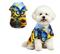Sunflower Blue Butterfly Breathable Hawaiian Dog Shirt Summer Button Up Top for Small Medium Dogs XL