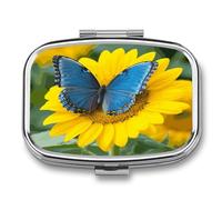 Sunflower Blue Butterfly Cute Travel Pill Organizer Compact and Portable Pill Box,Pill Case for Travel Essentials for Pocket Purse