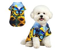 Sunflower Blue Butterfly L Pet Hawaiian Shirt for Small Dogs-Cute Summer Beach Outfit for Puppy, Soft Breathable Cat Clothes with Buttons