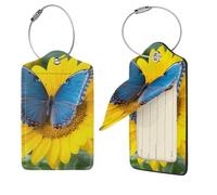 Sunflower Blue Butterfly Luggage Tags for Suitcases, 2 PCS PU Leather Suitcase Tags Identifiers with Stainless Steel Loop, Privacy Cover ID Label with Address Card, Travel Essentials Bag Tag
