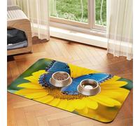 Sunflower Blue Butterfly Pet Feeding Mat Absorbent Pu Leather Dog Cat Food Mats Contain Spills Protects Floors, Anti-Slip Rubber Backing Dog Bowl Mats Easy Clean Pet Placemats 30x45cm