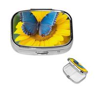 Sunflower Blue Butterfly Pill Box 2 Compartment Medicine Pill Organizer Square Pill Case for Purse & Pocket Travel Pillbox Portable Metal Medicine Vitamin Fish Oil Organizer Unique Gift