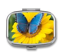Sunflower Blue Butterfly Pill Box 2 Compartments Portable Travel Pill Case Mini Medicine Organizer for Pocket Purse Metal Waterproof Medicine Container Holder Vitamin Fish Oil