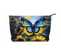 Sunflower Blue Butterfly Printed Corduroy Cosmetic Bag - Women's Portable Zipper Toiletry Storage Bag, Black, One Size