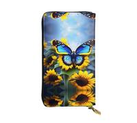 Sunflower Blue Butterfly Printed leather wallet, 7.5 x 4.1-inch long credit card holder, portable travel cash wallet