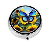 Sunflower Blue Butterfly Round Mini Pill Box: 3-Compartment Portable Metal Pill Organizer with Snap Closure, Ideal for Daily Travel Use