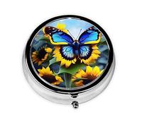 Sunflower Blue Butterfly Round Pill Box. Portable Daily Medication Organizer, Travel-Friendly Design.
