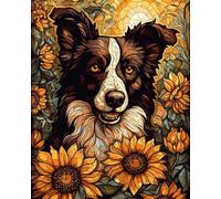 Sunflower Border Collie 11ct Counted Cross Stitch Stamped Pre Printed Cross Stitch Embroidery Kits for Adults Starter DIY Embroidery Needlework Kit with Patterns 40×50cm(S-N32)