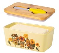 Sunflower Butter Dish with Lid,Large Butter Crock Keeper Saver,Ceramic Butter Container for Countertop with Highly Sealed Silicone Thick Wooden Lid for Kitchen Farmhouse Decor (Yellow, Sunflower)