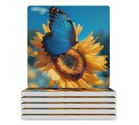 Sunflower Butterfly Ceramic Coasters Square Drinks Coaster Decorative Coasters Set Kitchen Desktop Decor 6PCS