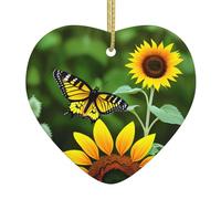 Sunflower Butterfly Print Christmas Ceramic Heart-Shaped Ornaments Are An Ideal Choice For Holiday Decorations.
