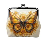 Sunflower Butterfly Printed Kiss Lock Coin Pouch Faux Leather Mini Clutch for Travel Shopping and Daily Outing