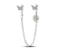 Sunflower Butterfly Safety Chain Dog Cat Lucky Charm Bead Pendant 925 Sterling Silver Compatible With Pandora Charm Moments Bracelet (Butterfly Sunflower Safety Chain Love)