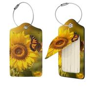 Sunflower Butterfly Sunny Luggage Tags for Suitcases, 2 PCS PU Leather Travel Bag Label Suitcase Tag with Stainless Steel Loop Name ID Labels with Privacy Cover Baggage Tags for Women Men