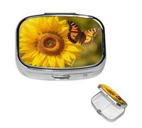 Sunflower Butterfly Sunny Pill Box 2 Compartment Square Portable Pill Case for Pocket or Purse Pill Holder Weekly Pill Organizer Decorative Metal Medicine Vitamin Organizer Travel Gift