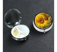 Sunflower Butterfly Sunny Pill Box 3 Compartment Pill Case for Purse or Pocket Small Medicine Organizer with Mirror Travel Pillbox Decorative Metal Vitamin Container Unique Gift