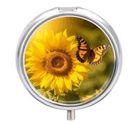 Sunflower Butterfly Sunny Pill Box Round Portable Small Pill Case Waterproof Travel Pill Box Organizer for Pocket Purse and Daily Convenience