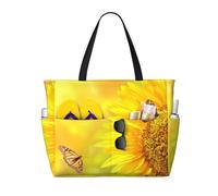 Sunflower Butterfly Sunny Print Large Waterproof Beach Tote Bag for Women with Zip and Pockets Foldable Handbag for Travel Pool Shopping Holiday Gym