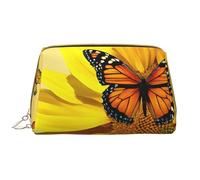 Sunflower Butterfly Sunny Print Makeup Bag Portable Leather Waterproof Cosmetic Bag Clutch Makeup Brush Bag (6.7x4.3in)