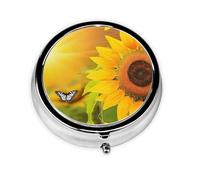 Sunflower Butterfly Sunny Print Mini Metal Pill Box 2.0x2.0x0.7 in Round Travel Medicine Pill Organizer Box for Purse Pocket