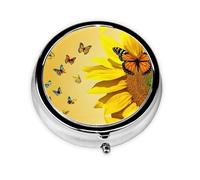 Sunflower Butterfly Sunny Print Pill Box for Pocket Round Pill Box 3 Compartment Decorative Portable Travel Pill Holder Tablet Vitamin Organizer Mini Pill Case(2pcs)