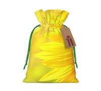 Sunflower Butterfly Sunny Printed Christmas Drawstring Bags with Green Christmas Ribbon - Reusable Burlap Drawstring Gift Pouches, M