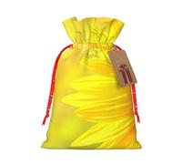 Sunflower Butterfly Sunny Printed Christmas Drawstring Bags with Red Christmas Ribbon - Reusable Burlap Drawstring Gift Pouches, M