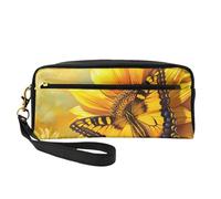 Sunflower Butterfly Sunny Printed Leather Makeup Bags with Wrist Strap Portable Travel Toiletry Bag Cosmetic Organizer Bag for Women